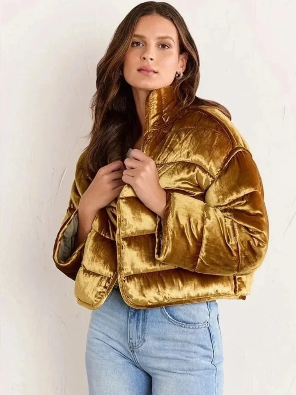 Stoosh Gold Silver Velvet Reversible Quilted Cropped PufferJacket Sz Medium NWOT